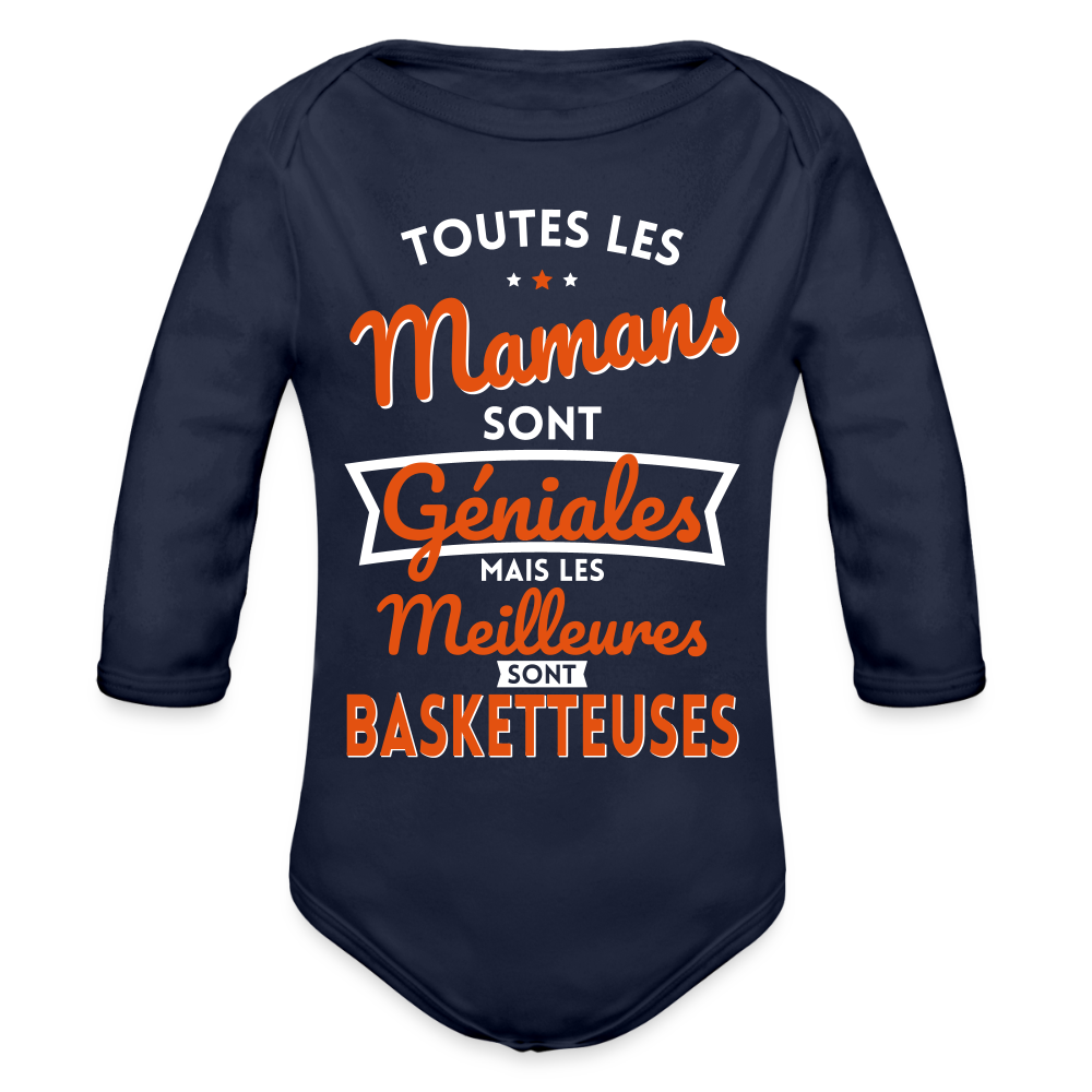 Body Bébé bio manches longues - Mamans géniales - Les meilleures sont basketteuses - marine foncé