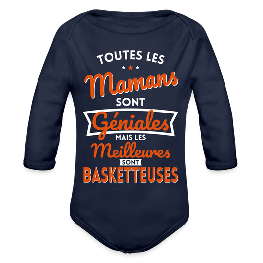 Body Bébé bio manches longues - Mamans géniales - Les meilleures sont basketteuses - marine foncé