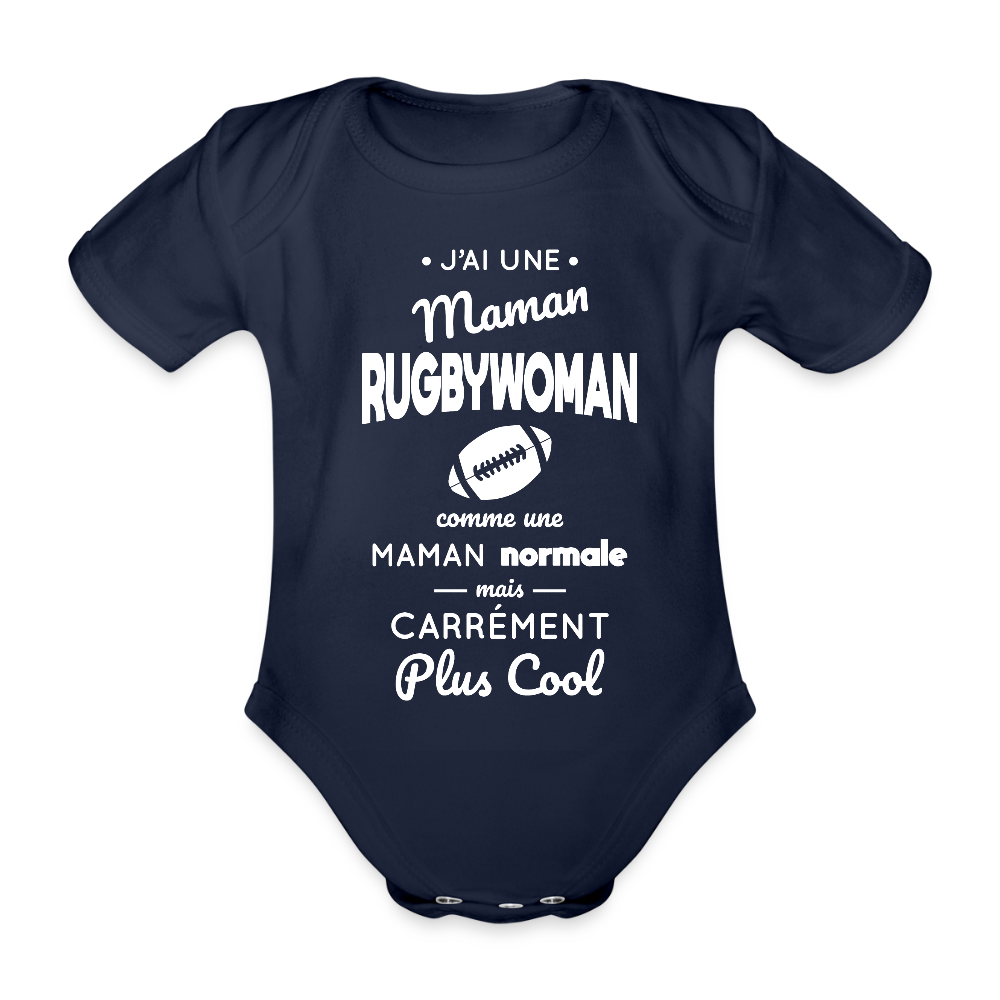 Body Bébé bio manches courtes - J'ai une maman rugbywoman - marine foncé
