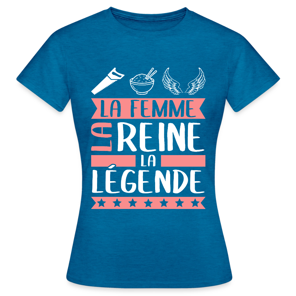 T-shirt femme Cyrielle rébus – La femme, la reine, la légende - bleu saphir antique chiné