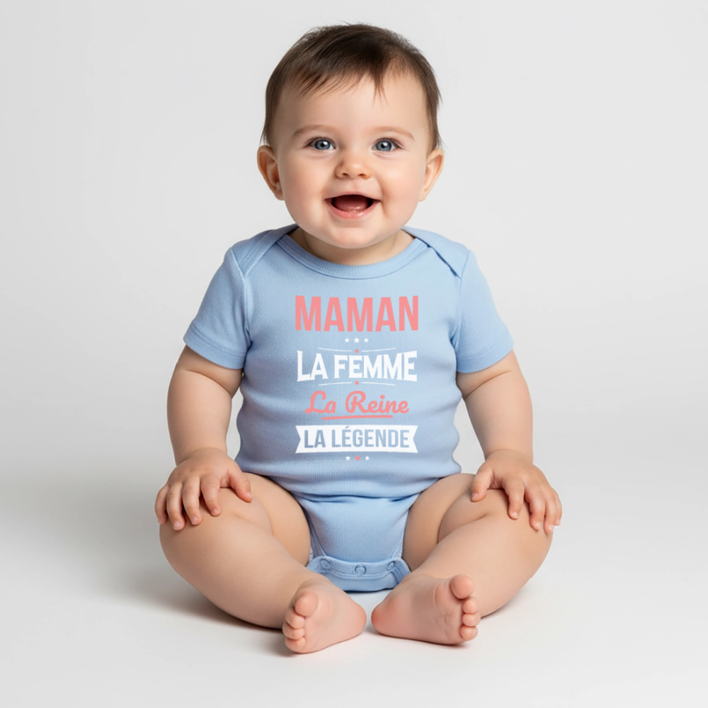 Body bébé bio manches courtes motif rose - Maman, femme, reine, légende - bleu clair
