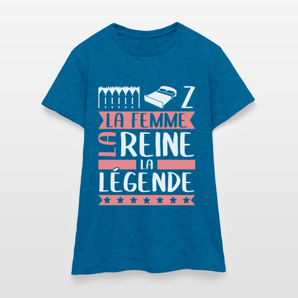 T-shirt femme Elise rébus – La femme, la reine, la légende - bleu saphir antique chiné
