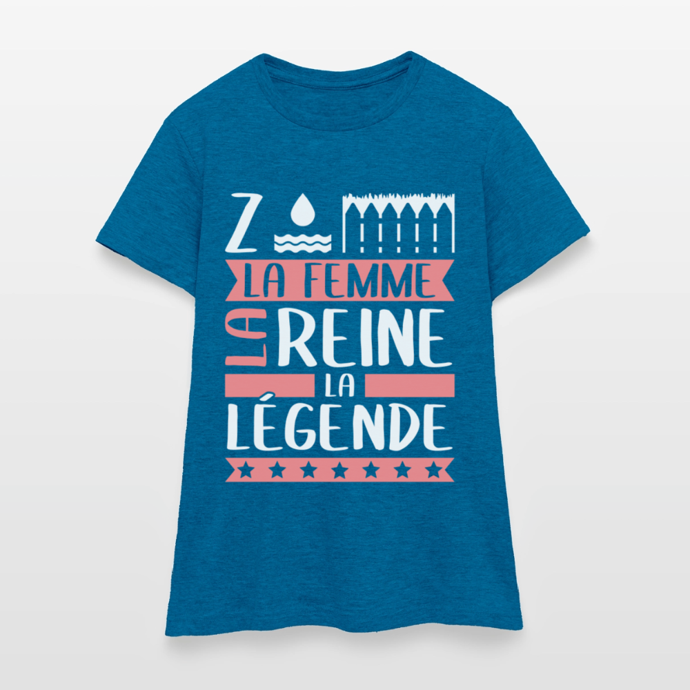 T-shirt femme Zoé rébus – La femme, la reine, la légende - bleu saphir antique chiné