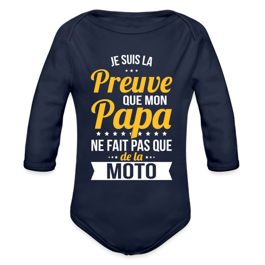 Body Bébé bio manches longues - Mon Papa Ne Fait Pas Que De La Moto - marine foncé