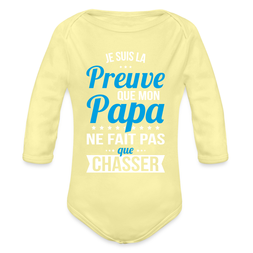 Body Bébé bio manches longues - Mon Papa Ne Fait Pas Que Chasser - jaune délavé