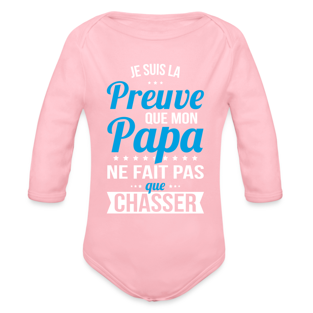 Body Bébé bio manches longues - Mon Papa Ne Fait Pas Que Chasser - rose clair